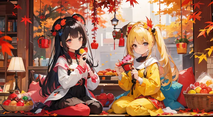 2 cute girls、surrounded by lots of sweets、plethora of colors、A lot of sweets、autumnal、Colored leaves、red or yellow leaves、细致背景、ultra-detailliert、best qualtiy、Highest Quality