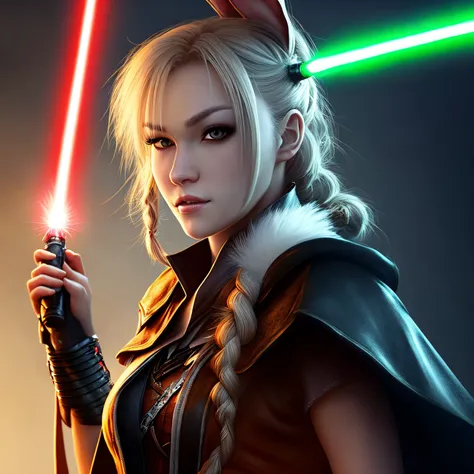 Anthropomorphic female rabbit with white fur, yellow eyes, braid hair, wearing an assassin attire, holding two lightsabers, glaring at viewer