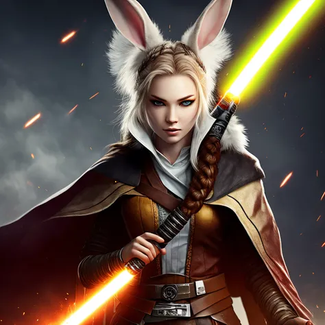 Anthropomorphic female rabbit with white fur, yellow eyes, braid hair, wearing an assassin attire, holding two lightsabers, glaring at viewer