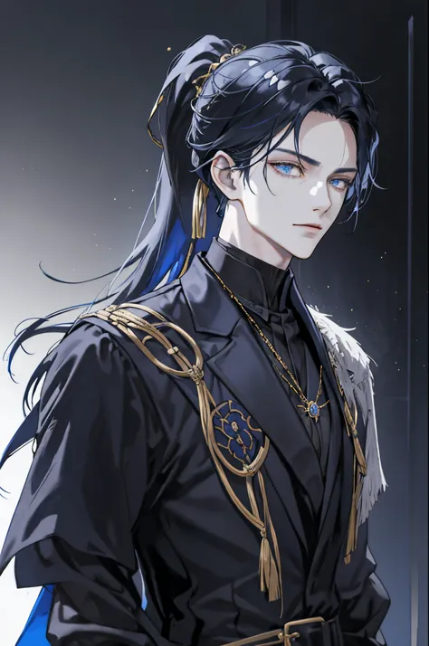 1 male, adult, handsome, blackish-blue hair in a low ponytail, blue-ish grey eyes, elegant, cunning, machiavellian, advisor, medieval nobility, dark black-blue colored shroud with gold embroidery , medieval clothing, fantasy, cunning, close up