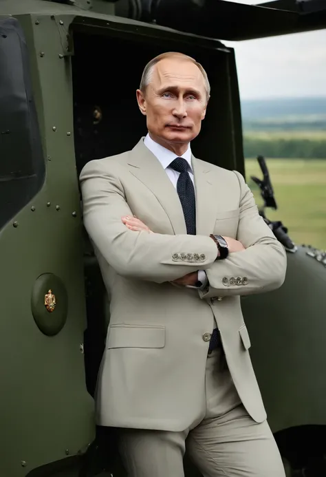 A photo of Putin exploring a new state-of-the-art military tank,original,Vladimir Putin, the Russian President, presents a carefully crafted image: he is typically seen with a short, neat haircut and a lean, athletic physique, often dressed in suits that p...