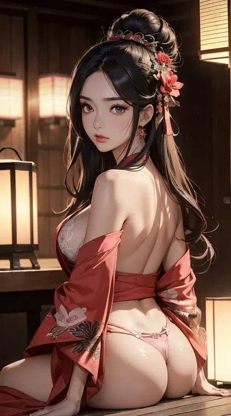 (((8k wallpaper of extremely detailed CG unit:1.2, ​masterpiece, hight resolution:1.2, top-quality:1.2, masutepiece))), ((a very beautiful woman, Face your butt to the viewer:1.5, sitting on:1.3, sad Facial expression)), ((extra detailed face, Highly detai...