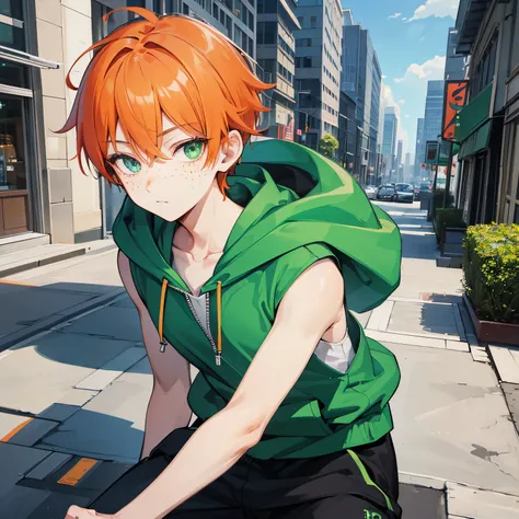 1boy, detailed face, detailed eyes, solo, orange hair, short hair, emerald eyes, (freckles;1.5), green hoodie, sleeveless hoodie, black shorts, outdoors, city