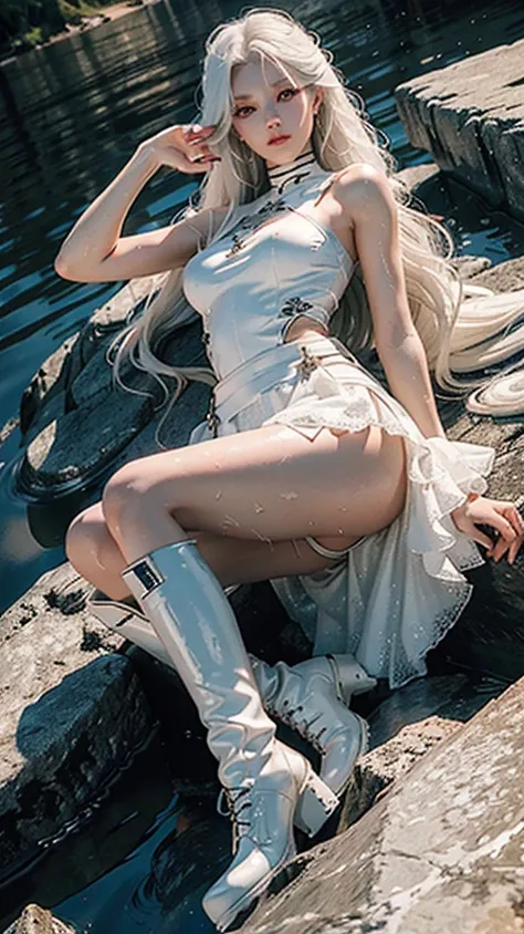 ((Best quality, 8k)), angel female, 1 girl, perfect body, pretty, serious, ultra detailed body, lips and skin texture, double eyelid, waist long hair, pure white hair, white eyes, white skin, (wet, fully clothed with boots and skirt), wet hair, slightly we...