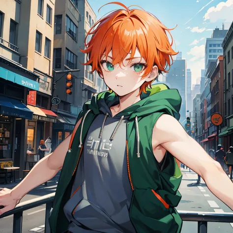 1boy, detailed face, detailed eyes, solo, orange hair, short hair, emerald eyes, (freckles;1.5), green hoodie, sleeveless hoodie, black shorts, outdoors, city