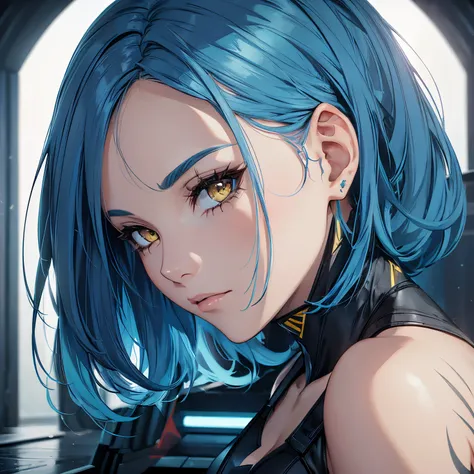 1female, blue hair, yellow eyes, wearing modern combat suit, beautiful, model, 4k, official art, highly detailed, masterpiece