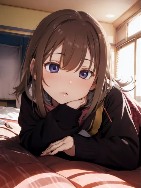 Room with a kotatsu,Girls room for living alone,Winter clothes,loose-fitting long-sleeved clothing,sleeping under the kotatsu,Sleeping face,Sleeping comfortably...,fluffy hair,lightbrown hair,Place study tools on the kotatsu,