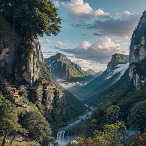 painting of a waterfall in a mountainous area with a house on the top, vertical wallpaper, 4 k vertical wallpaper, 4k vertical wallpaper, 8 k vertical wallpaper, 8k vertical wallpaper, ross tran. scenic background, beautiful mattepainting, 4 k matte painti...