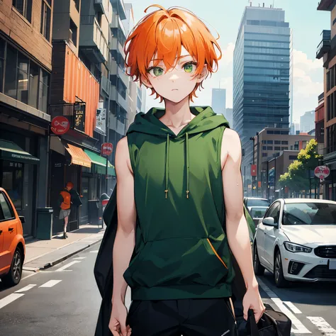 1boy, detailed face, detailed eyes, solo, orange hair, short hair, emerald eyes, (freckles;1.5), green hoodie, sleeveless hoodie, black shorts, outdoors, city