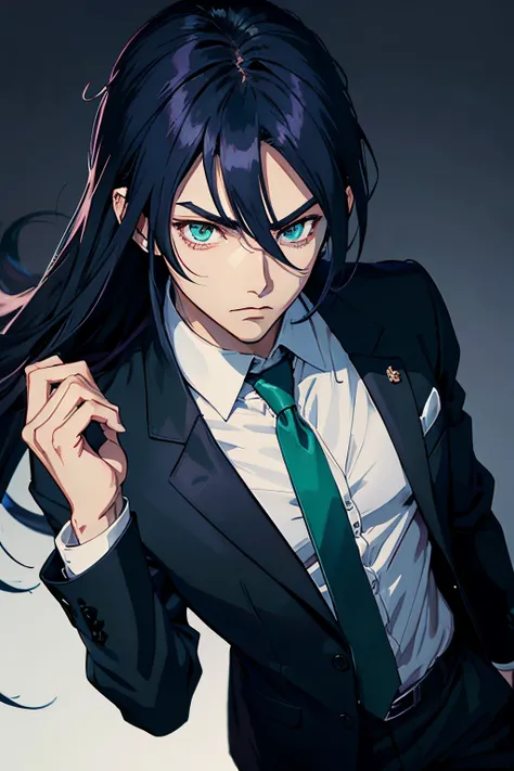 2D anime style with as few shadows as possible; straight-ish long dark blue hair with a slight purple tint; round face, dark blue narrow eyes with thick lashes and a serious look; male young slim build; White shirt, Green tie, dark cherry business jacket