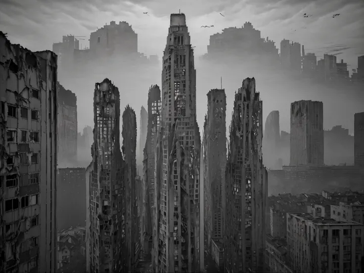 A captivating depiction of a melancholic cityscape, the image showcases a multitude of shades of gray. The primary subject of the image is a dilapidated skyscraper towering over the desolate streets, its crumbling façade revealing layers of history. Striki...