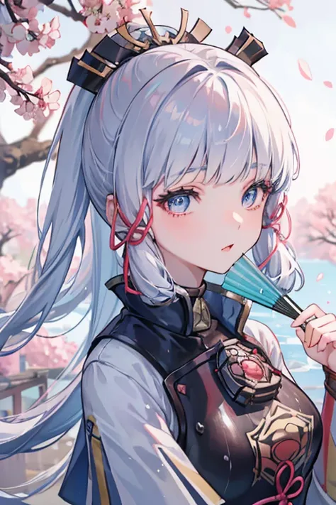 Ayaka Kamisato_(the original god_influencer),Linwalp,1个Giant Breast Girl,Alone,Redlip,GameCG,eBlue eyes,The upper part of the body,silber hair,(Very long hair:1.3),Outdoor activities,Cherry blossom rain,Take a fan，Portrait