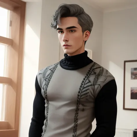 Gray hair, thread-like man, slender, black high-neck sweater