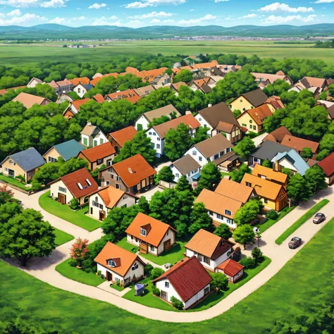 a birds eye view of a small cozy animal town in spring tine.