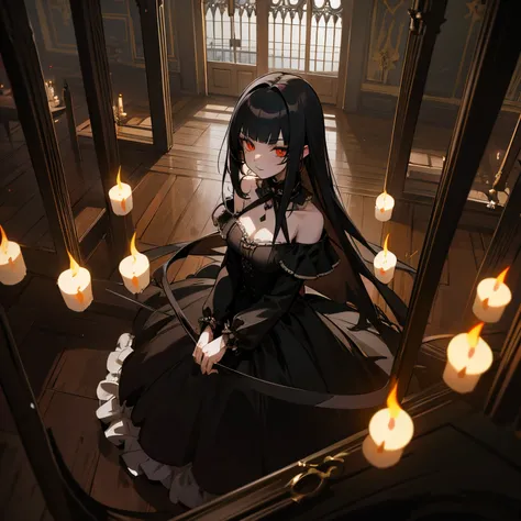 anime style panoramic image, Gothic vampire girl, cabelo preto curto, bite marks on the neck, colonial balcony door of gothic mansion, mal iluminado, lu Z de velas, in the legend of the mansion. Several coffins on the floor