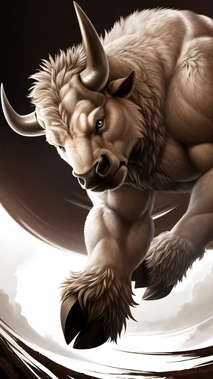 ((solo, full body perspective, looking at viewer)), male, anthro, ((bull-face, detailed fluffy fur, extreme detail, medium-length horns, muscled body, hooves, two-tone fur, brown and white furred body)), calm expression, grey eyes, high contrast, dynamic c...