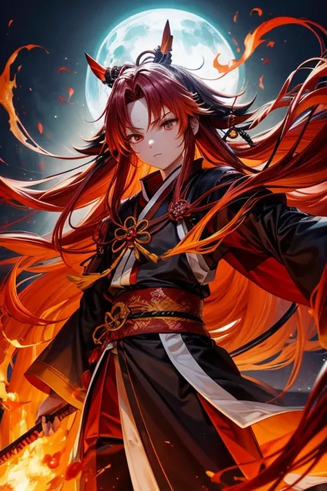 Anjuro Purgatory,ember,The long-haired,Red and yellow hair,Samurai,Clothed in flames,