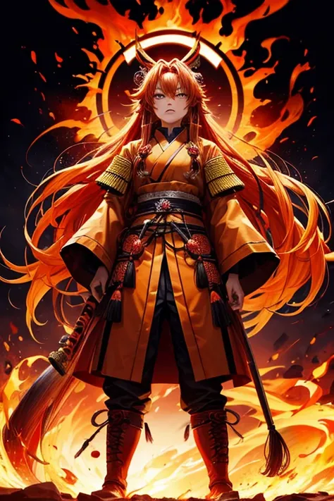 Anjuro Purgatory,ember,The long-haired,Red and yellow hair,Samurai,Clothed in flames,