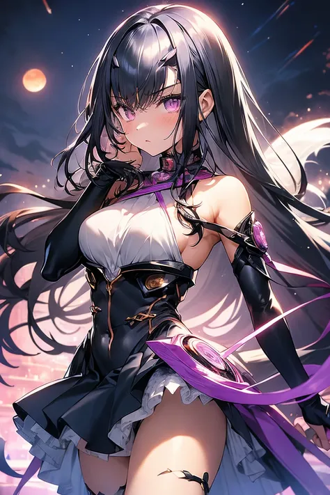 Black-haired woman,Dangerous aura around,scary purple eyes,Black gauze dress, thin, Yellow cloth covers all vital organs except the face..............................., Wear a knee-length black dress................................,The arm does not reach t...