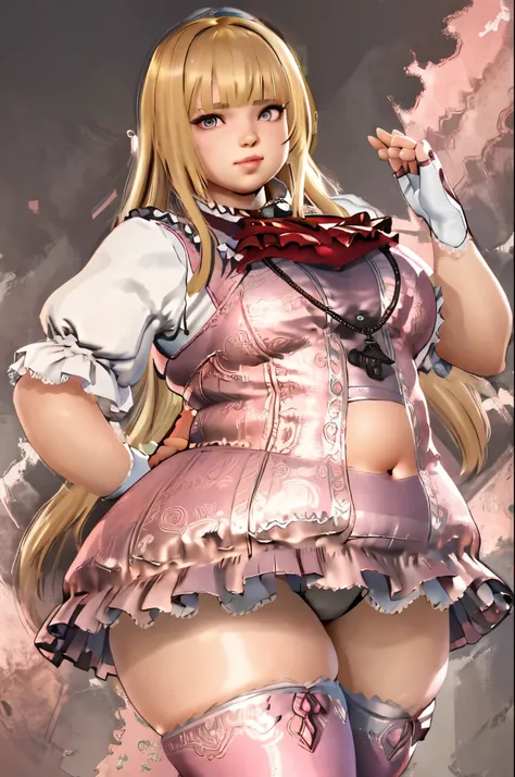 masterpiece, best quality, blonde hair, blunt bangs, pink thighhighs, looking at viewer, spread legs, (thick thighs:1.2), boots,best quality, masterpiece, emilie_t8, pink frilled dress, frilled ascot, fingerless gloves, hand on hip, looking at viewer, uppe...