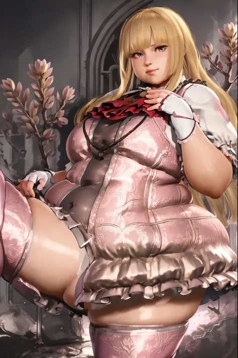 masterpiece, best quality, blonde hair, blunt bangs, pink thighhighs, looking at viewer, spread legs, (thick thighs:1.2), boots,best quality, masterpiece, emilie_t8, pink frilled dress, frilled ascot, fingerless gloves, hand on hip, looking at viewer, uppe...