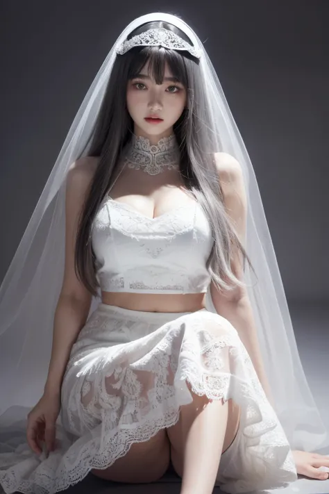 (Complicated details, tmasterpiece, Best quality at best),(Knees:1.3),1 plump girl,Wearing filigree white clothes_a skirt,filigree half lace_masks,through bangs,abstract structure,(long flowing veil:1.2),There is fog,Lace headdress,Polished PE texture,PVC ...