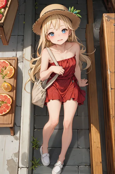 masterpiece, best quality,3girl,young girl, grapefruit eyes, ash blonde, long hair,unstable _face,shiny skin,flat chest,nice leg line:1.3,thick thighs, thin waist,, Red_polka_dot_wrap_dress, white_platform_espadrilles, woven_tote_bag, straw_hat, gold_hoop_...