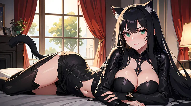 adult woman (long black hair, beautiful eyes finely detailed, face to details), cat ears, green eyes, cat tails, big breast, heavily armored knight, red blush on her face, standing and seducing you, masterpiece, high quality anime illustration, on private ...