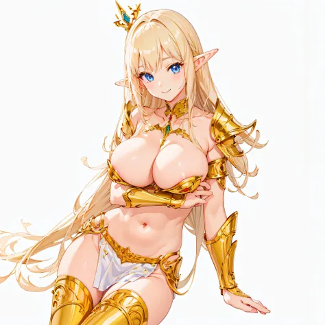 ​masterpiece、top-quality、ighly detailed、hight resolution、１６ｋ、fullnude、teats、Boob proportions、golden armour、Very thin skirt、Black pants、Full body like、Very white skin、Beautiful fingers、Anime girl with very big breasts posing naked、Perfect Style、elvish、no-br...