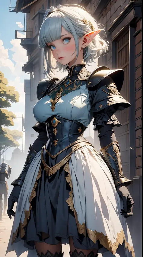 Elf girl medieval knight, standing, green hill with a clear sky. Detailed elf face, big breasts, short hair, silver hair, deep blue eyes. Wearing black Victorian maid armor, full silver armor, intricate armored. Cinematic lighting, masterpiece. by Yusuke M...