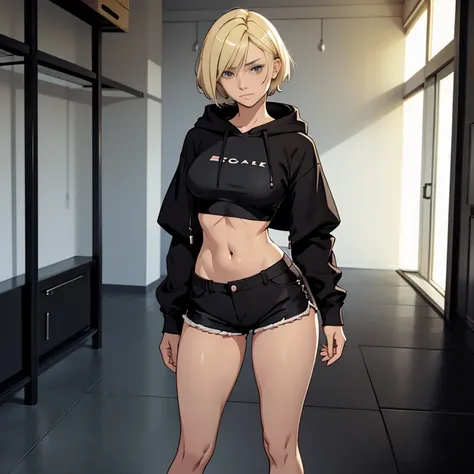 A beautiful, barefoot, blonde, shorthaired,  woman, wearing black shorts and a tight black croptop with a hood, standing on the floor.