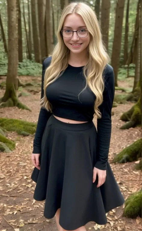 a 23 years old barefoot  woman wearin glasses and a black synthetic top with poofy long sleeves, a long black skirt, blonde wavy hair,  calm smile, blue eyes, freckles, standing in a forest.