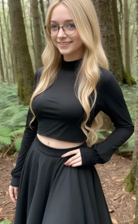 a 23 years old barefoot  woman wearin glasses and a black synthetic top with poofy long sleeves, a long black skirt, blonde wavy hair,  calm smile, blue eyes, freckles, standing in a forest.