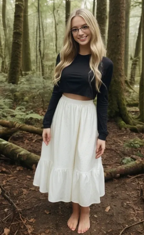 a 23 years old barefoot  woman wearin glasses and a black synthetic top with poofy long sleeves, a long black skirt, blonde wavy hair,  calm smile, blue eyes, freckles, standing in a forest.