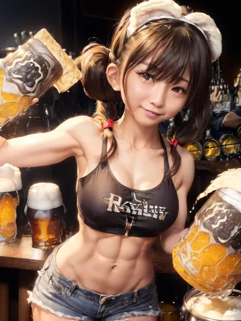 (((RAW image quality:1.4)))、8K分辨率、1 girl,A smile、(((abdominals:1.4)))、(bodybuilder body type:1.4)、tshirts,hotpants,((poneyTail:1.3)),((Cheers、beer:1.5)) Navel out、bending forward、cleavage of the breast,Izakaya、Intricate details, Hyper realistic, Perfect An...