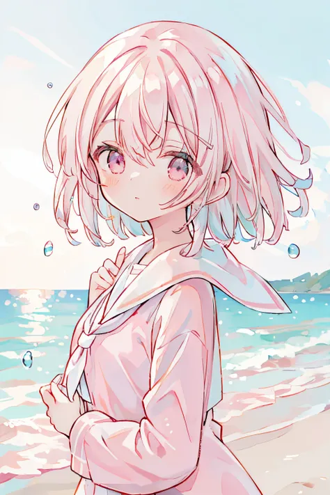 Absurd, high resolution, (Anime tone:1.1), ((Mastepeace)), ((Best quality)), (Super detailed), (Beautiful), Solo, Beautiful face, (Lift up), Cute girl on the sandy beach, Wind, Light pink hair, Bob hair, Short hair, Pink eyes, Hair flutters in the wind, Pi...