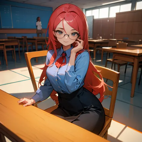 Estilo anime, sala de aula de faculdade, professora s3xy mulher adulta linda morena de olhos verdes, eyeglass, cabelo preso como coque, corpo escultural, voluptuosa, big sixes, camisa azul com botao desabotoado fazendo decote mostrando parte da lingerie ve...