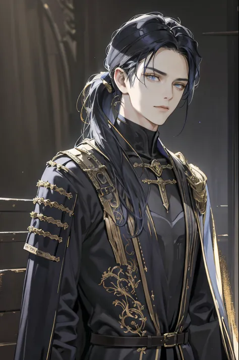 (best quality, highres, realistic), detailed portrait, adult man with (handsome, striking) features, dark black-blue hair styled in a low ponytail, captivating (blue-ish grey) eyes, a sense of (cunning) and (machiavellian) intelligence, exuding an air of (...