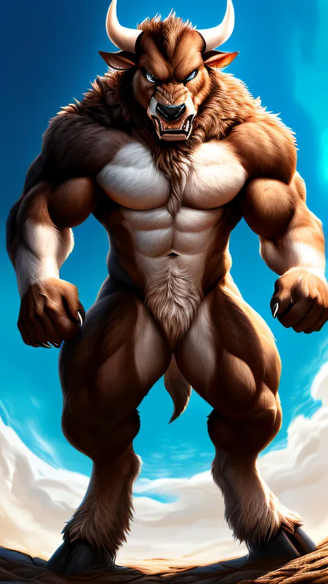 ((solo, full body perspective, standing, snarling expression, anthro, looking at viewer)), male, ((bull-face, detailed fluffy fur, extreme detail, medium-length horns, muscled body, hooves, two-tone fur, brown and white furred body)), grey eyes, high contr...