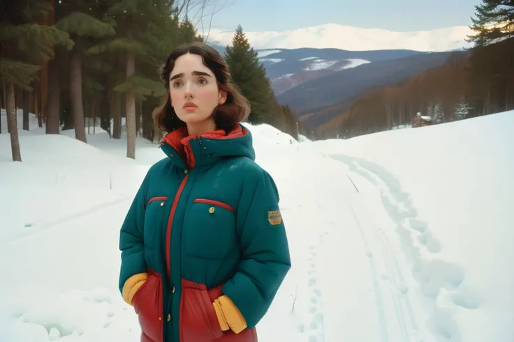 1997, Berkshire County, Massachusetts. Pre-raphaelite ((((45-year-old)) Jennifer Connelly)), winter, snow, path in the forest, ski, ((((warm Clothing from the 1990s)))), ((short bob Hairstyle of the 1990s)), ((Wes Anderson cinematic style)), colorful