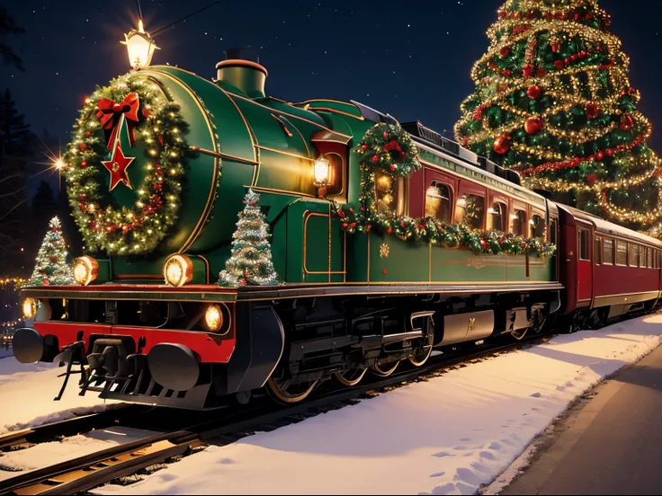 tmasterpiece, Best quality， A Christmas themed tourist train, You can add elements like holiday lights to the look of a vintage train locomotive,For example, the exterior of the locomotive is decorated with a Christmas tree, add wreath, and garlands, Train...