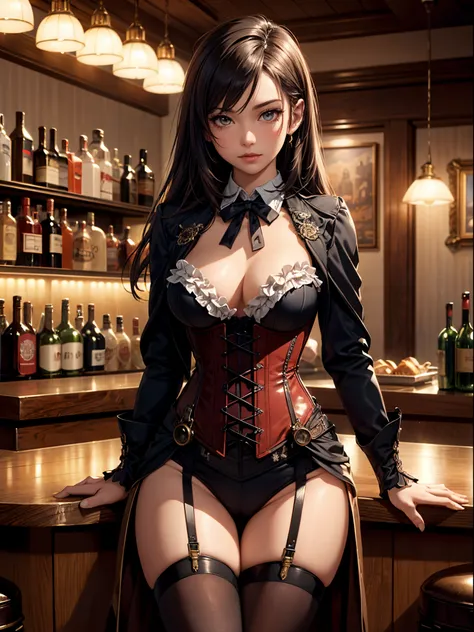 (​masterpiece), (top-quality), sunset, natural lights, ,(realistic:1.5), 1girl, Asian young woman sitting near ((bar counter)) in ((steampunk western saloon)), wearing ((red steampunk corset)), ((black steampunk petticoat)), ((white steampunk stockings)), ...