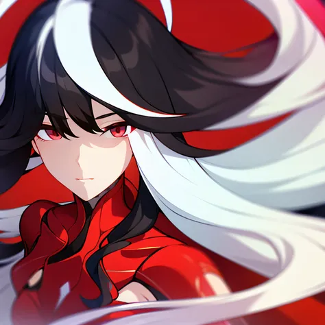 The woman. wavy shoulder-length hair. Black hair with white blonde streaks in front. hair combed back. Scarlet red suit.