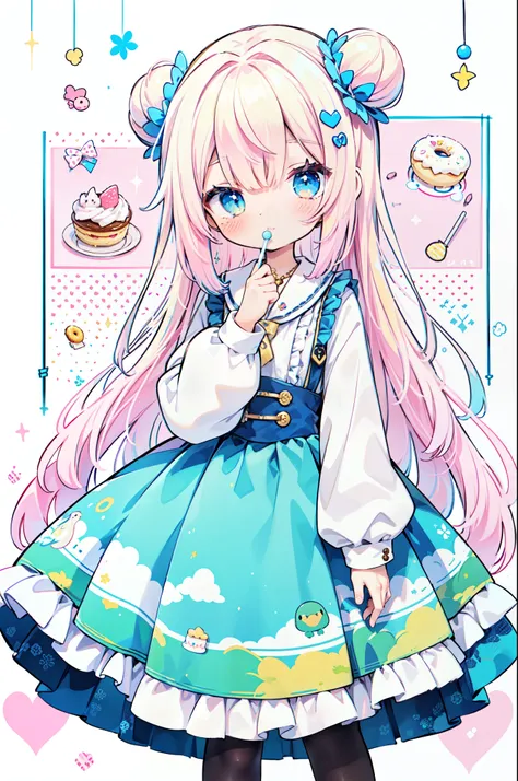 1girl in, ((Character information)、(Chara Leaf)、pastel dimmed colors, (Yellow color palette.:1.2, Blue:1.2, Pink:1.2), (Blue hair bun and blonde), Short fashionable skirt, Sitting on a throne of sweets and pastries, For example, doughnut, splash, candy, Lo...