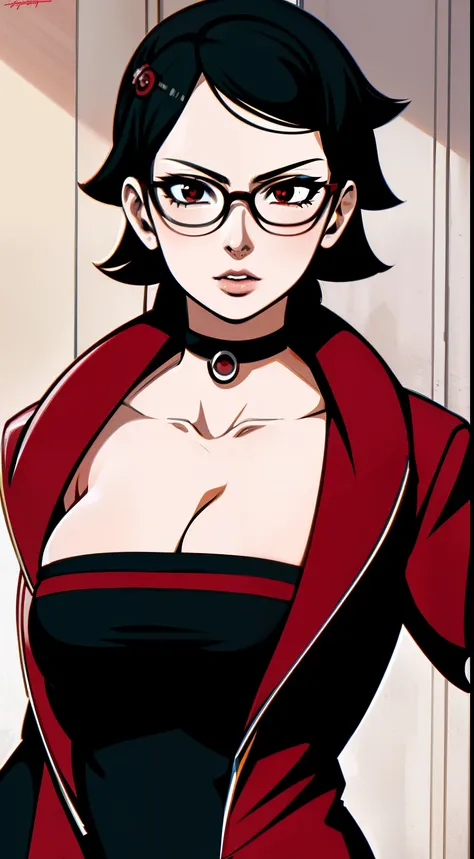 Uchiha Sarada, big breast, (highres,masterpiece:1.2),ultra-detailed,realistic,professional,beautiful detailed eyes,beautiful detailed lips,dark hair,short black hair,red glasses,stunning black eyes,clear skin,18-year-old girl,fashionable short hairstyle,vi...