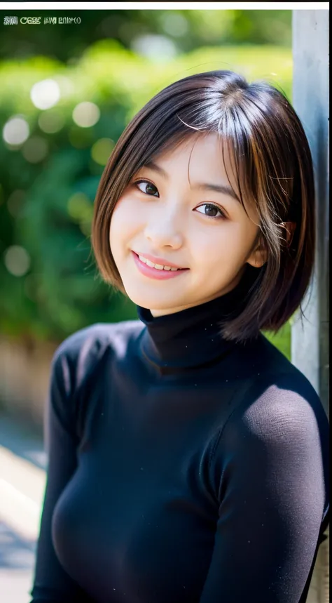 Best-quality, Masterpiece, Ultra-High-Resolution, (Photorealistic:1.4), Raw-Photo, Extremely-Details, Perfect-Anatomy, 1girl, 18-years-old, the most famous Japanese idol, cowboy-shot, looking at viewer, innocent smile, wearing very tight turtleneck sweater...