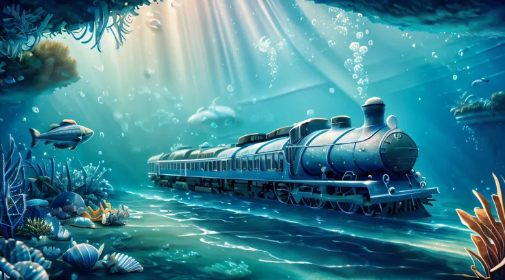 high quality, hdr,  fantasy, beautiful detailed illustration, digital photography, 16k : underwater train in motion underwater, ...