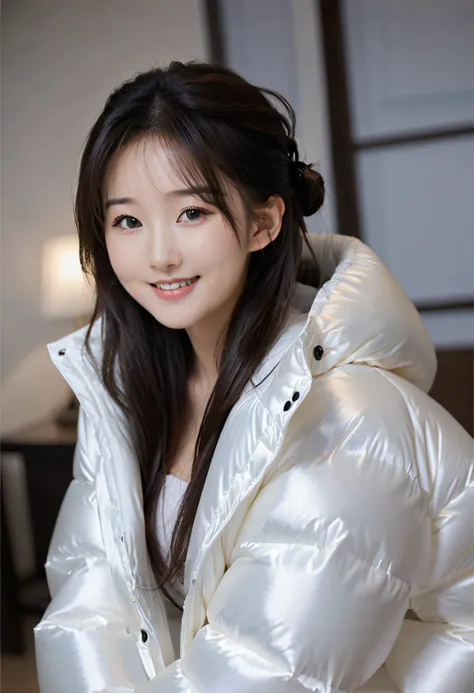 18 year old beautiful Japanese female, wearing white silk puffer coat , masterpiece, best quality, smiling, sexy, open puffer coat, silk, photorealistic, indoors, (large breasts), silk skater skirt, boots