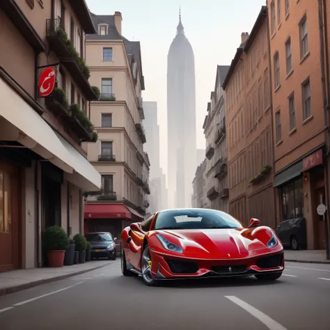 City image with a Ferrari passing by