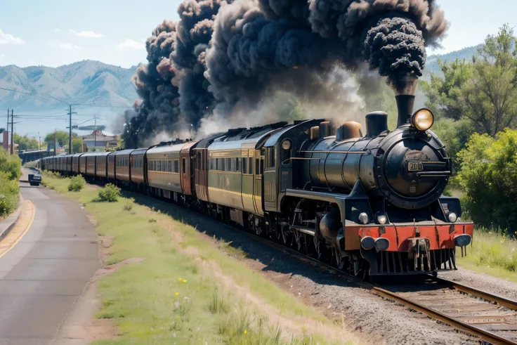 tmasterpiece, Best quality， If you are an artist and want to paint a picture of an old-style American train passing through a small Western town in the 1960s, you may want to consider the following elements:
* Depict the train as a classic American steam l...